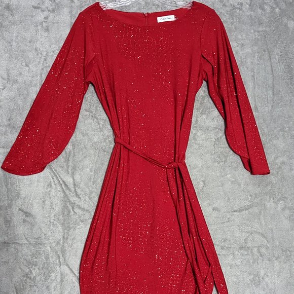 Calvin Klein red sequin scoop neck split bell sleeve red belted dress - Picture 1 of 16